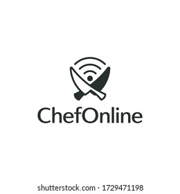 Chef video online stream vlog logo design, Negative space knife and signal logos, Lettering vector illustration inspiration