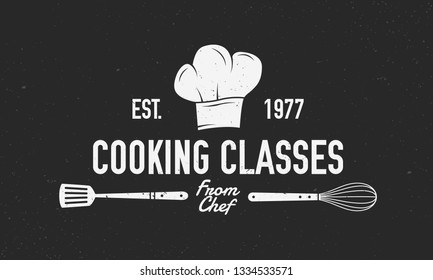 Chef vintage logo. Cooking Classes template logo with chef's hat, spatula and whisk. Label, badge, poster for food studio, cooking courses, culinary school. Vector illustration