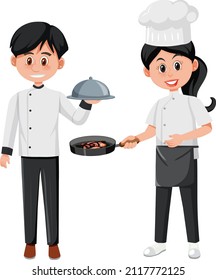 Caricatura del chef y el camarero sobre ilustración de fondo blanco