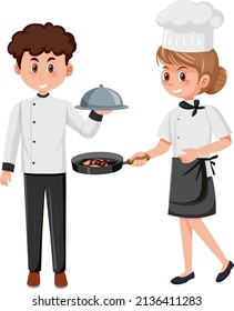 Chef and waiter cartoon character on white background illustration