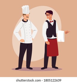 cocinero y camarero trabajando en el diseño de ilustraciones vectoriales uniformes