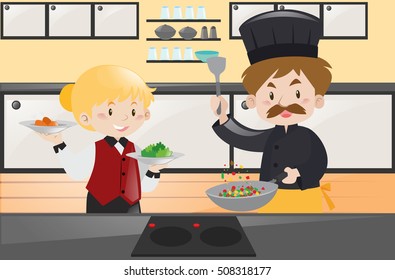 Chef and waitress in the kitchen illustration
