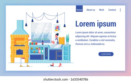 Chef and Waitress Vector Landing Page Template. Restaurant Personnel Holding Tray with Red Wine Bottle and Glasses. Man Cooking Delicious Pancakes in Kitchen Website Homepage Layout