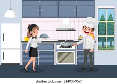 Chef and waitress working in the kitchen illustration