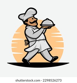 Chef Walking And Holding A Platter Logo Illustrations Vector 