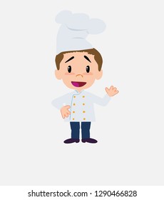 Chef waving, happy.