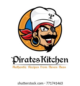 Chef wearing eye patch. Pirate chef vector logo mascot.