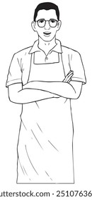 A chef wearing glasses with folded hands facing the camera and speaking. Illustration in black and white and vector format. This illustration is not an AI Generated content.