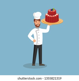 Chef Wearing Hat and Coat Flat Vector Illustration. Happy Cook Holding Holiday Cake Cartoon Character. Home Bakery. Cooking Classes. Culinary Courses. Confectionery, Sweet Shop, Candy Store