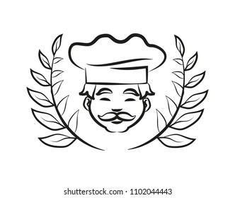 Chef wearing hat and laurel branch, old cook that has cheerful face, man with calm happy expression, winner vector illustration on white background.