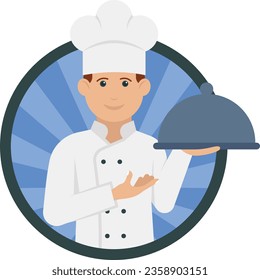 Chef wearing toque hat and holding Plate Cover Cloche Concept, Kitchen assistant Waiter Vector Round Icon Design, Professional uniform Symbol, Professional character occupations sign Labor Day people