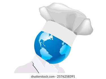 Chef wearing uniform with planet earth head showing north and south america