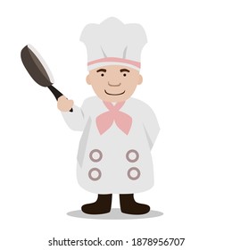 The chef is wearing white clothes and has a pan in hand.Vector illustration isolated on white background.Cute design for t shirt print, icon, logo, label, patch or sticker. 