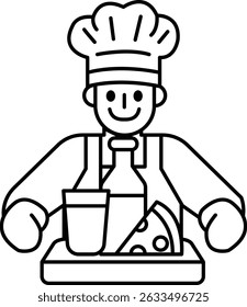 A chef is wearing a white hat and apron, and is holding a tray with a bottle, a cup, and a slice of pizza. He is smiling, which suggests that he is happy and enjoying his work