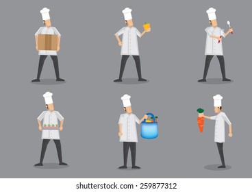 Chef wearing white uniform and toque getting ready for food preparation. Collection of vector cartoon character illustration isolated on plain grey background 