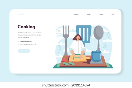 Chef web banner or landing page. Culinary specialist in apron making tasty dish. Professional worker on the kitchen. Food maker. Isolated vector illustration in cartoon style