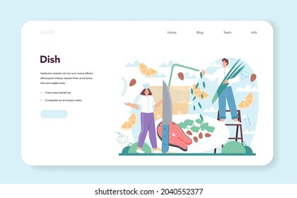 Chef web banner or landing page. Culinary specialist in apron making tasty dish. Professional worker on the kitchen. Food maker. Isolated vector illustration in cartoon style