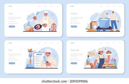 Chef web banner or landing page set. Culinary specialist making and serving a tasty dish according cooking technology. Professional worker in apron on the kitchen. Flat vector illustration