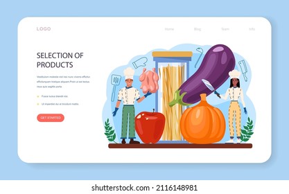 Banner web del chef o página de inicio. Especialista culinaria elaborando y sirviendo un plato sabroso según la tecnología de la cocina. Trabajador profesional en delantal en la cocina. Ilustración vectorial plana