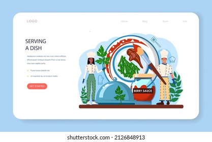Chef web banner or landing page. Culinary specialist making and serving a tasty dish according cooking technology. Professional worker in apron on the kitchen. Flat vector illustration