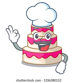 Chef wedding cake above wooden cartoon table