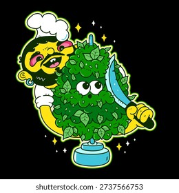 Chef and weed bud kebab. Vector cartoon marijuana print for t shirt, poster, sticker