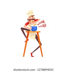 Chef whiping dough, pizza maker character, stage of preparing Italian pizza vector Illustration