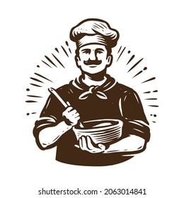 Chef whips dough with culinary whisk for baking. Cooking emblem in vintage style. Vector illustration