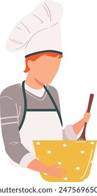 Chef whisking mixing bowl flat style illustration. Redhaired cook wearing white hat apron preparing food. Professional kitchen culinary gastronomy vector graphic design