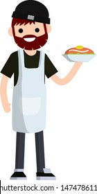 Chef in a white apron and cap with a plate of food. Work in cafes and restaurant. Kind of profession. The man cooked meal on dish