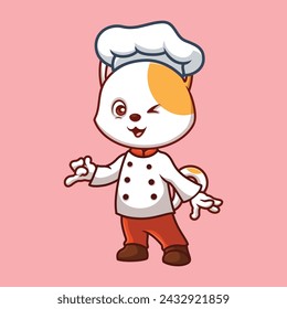Chef White Cat Cute Cartoon Illustration