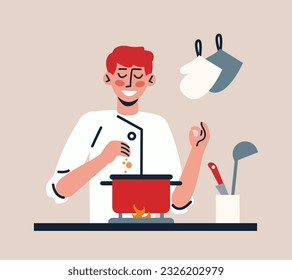 Chef in white coat standing near stove, cooking soup and add spices. People working as professional chefs. Cooking with kitchenware. Concept of food industry. Vector illustration in warm colors