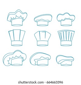 Chef White Hats Set Thin Line Design Style Uniform for Kitchen Restaurant. Vector illustration