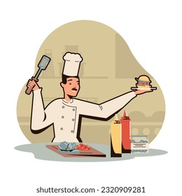 Chef con uniforme blanco y gorra con hamburguesa y espátula de cocina. Cocina rápida. Concepto de cocina profesional. Industria alimentaria comercial. Ilustración vectorial plana en estilo de dibujos animados