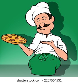 A Chef in a White Uniform with a Green Apron Presents a Salami Pizza - Colored Cartoon Illustration with Background, Vector