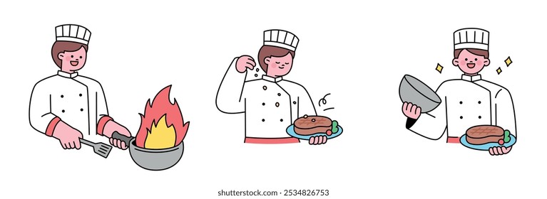 Un chef con uniforme blanco está asando un filete. Ilustración de la parte superior del cuerpo del personaje lindo con el contorno.