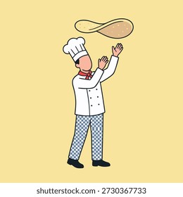 Un chef con uniforme blanco y sombrero está lanzando hábilmente masa de pizza al aire, preparándose para hacer una deliciosa pizza.