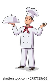 Chef in white uniform holding prepared dish on tray. Cook in restaurant person isolated on white background. Vector character illustration of creative profession, cooking food, staff catering service