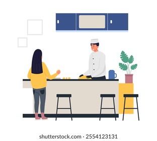 Chef in white uniform preparing food interacting with customer at kitchen counter emphasizing hospitality. Concept of professional cooking and interaction with customer. Flat vector illustration.