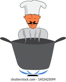 A chef in white uniform preparing a meal, vector, color drawing or illustration.