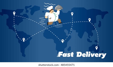 Chef in white uniform running with restaurant cloche on background of blue world map with routes. Fast food delivery design, vector illustration. Worldwide shipping and moving concept.