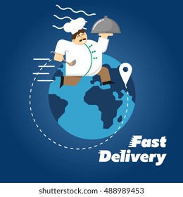 Chef in white uniform running with restaurant cloche on background of globe. Fast food delivery design, vector illustration. Worldwide shipping and moving concept. Courier service.