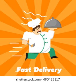 Chef in white uniform running with restaurant cloche isolated on striped orange background. Fast food delivery design, vector illustration. Shipping and moving concept. Courier service.