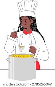 Chef in White Uniform Serving Soup from Large Pot in Kitchen