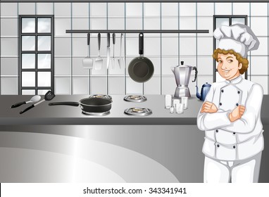 Chef con uniforme blanco trabajando en ilustración de cocina