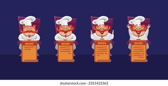 The chef who comes up with the recipe. Emotions shown in development. Think, guess, eureka. Cute vector character