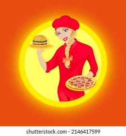 The chef who will cook delicious, fast and simply wonderful food, vector illustration with background, fast food, big burger, big pizza