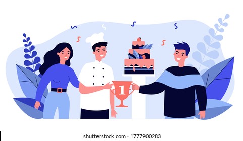 Concurso de postres del chef ganador. Cocina ganando la copa para el pastel, celebrando la victoria la ilustración plana vectorial. Cocina, pastelería, concepto de premios para banner, diseño de sitios web o página web de aterrizaje