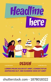 Chef winning dessert competition. Cook getting winner cup for cake, celebrating victory flat vector illustration. Cooking, pastry, prize concept for banner, website design or landing web page