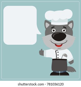 Chef wolf with speech bubble in cartoon style. Smiling cook says and shows like.